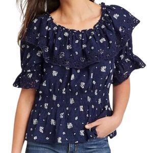 New with Tag Universal Thread Women's Navy Floral Lace Ruffle Peplum Boho Blouse